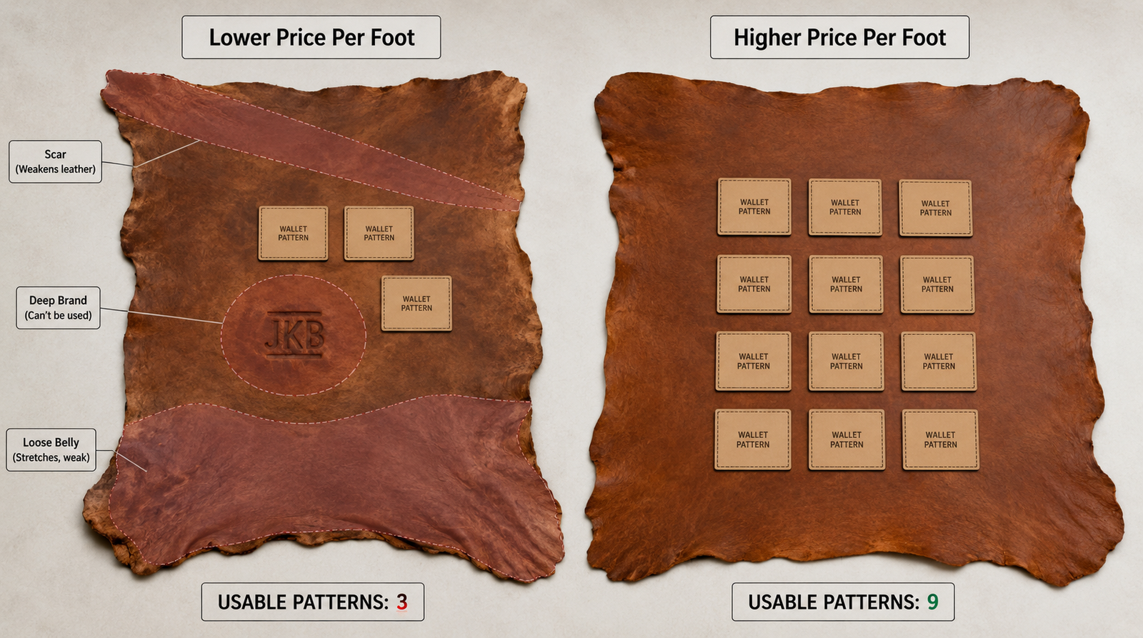 Two leather hides side by side showing a lower-priced hide on the left with a deep brand, diagonal scar, and loose belly yielding only three usable wallet patterns, and a higher-priced clean hide on the right yielding nine wallet patterns across the full surface