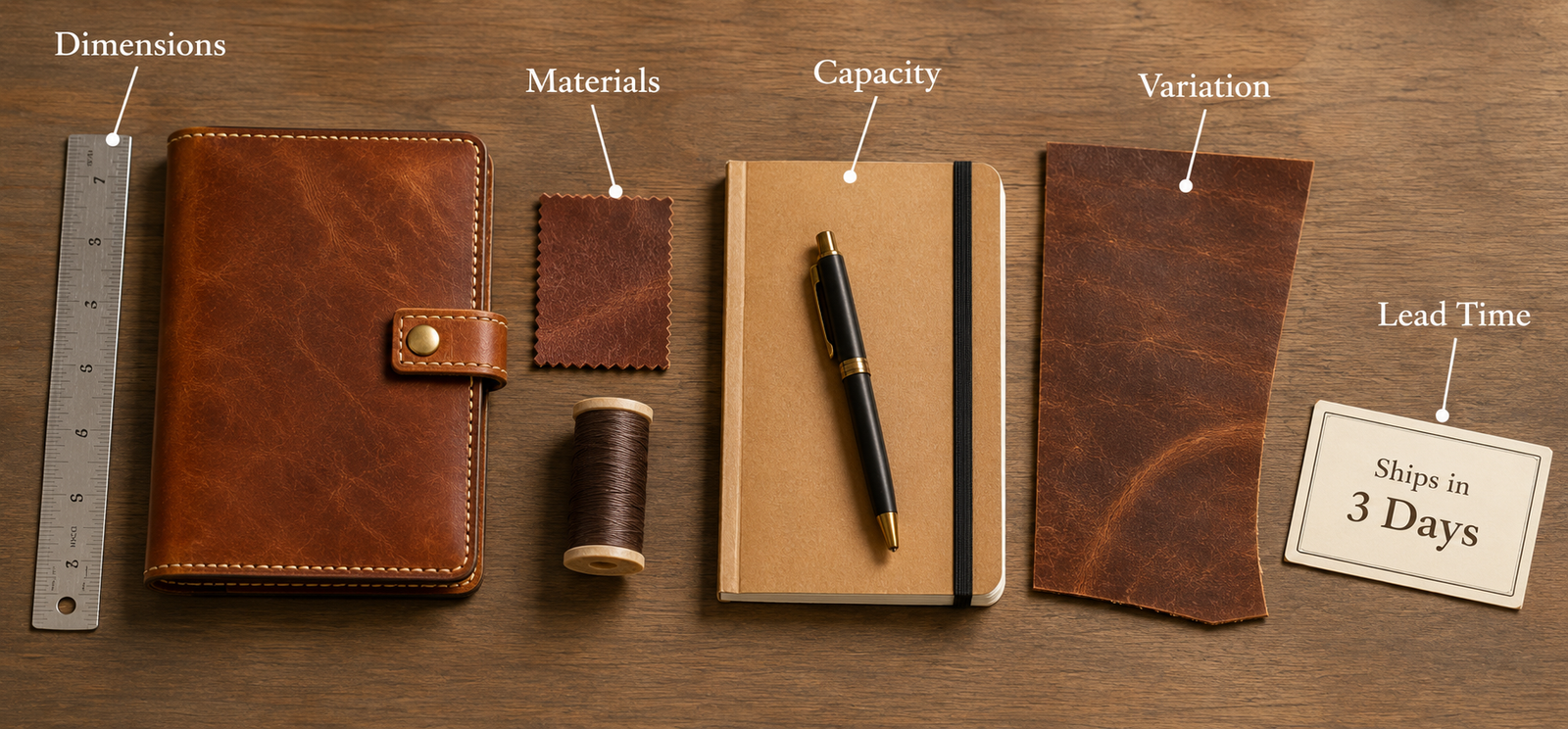 Overhead flat-lay on a dark wood surface showing a brown leather notebook cover beside a metal ruler labeled Dimensions, a leather swatch and thread spool labeled Materials, a kraft notebook and pen labeled Capacity, a darker leather scrap showing grain variation labeled Variation, and a Ships in 3 Days card labeled Lead Time