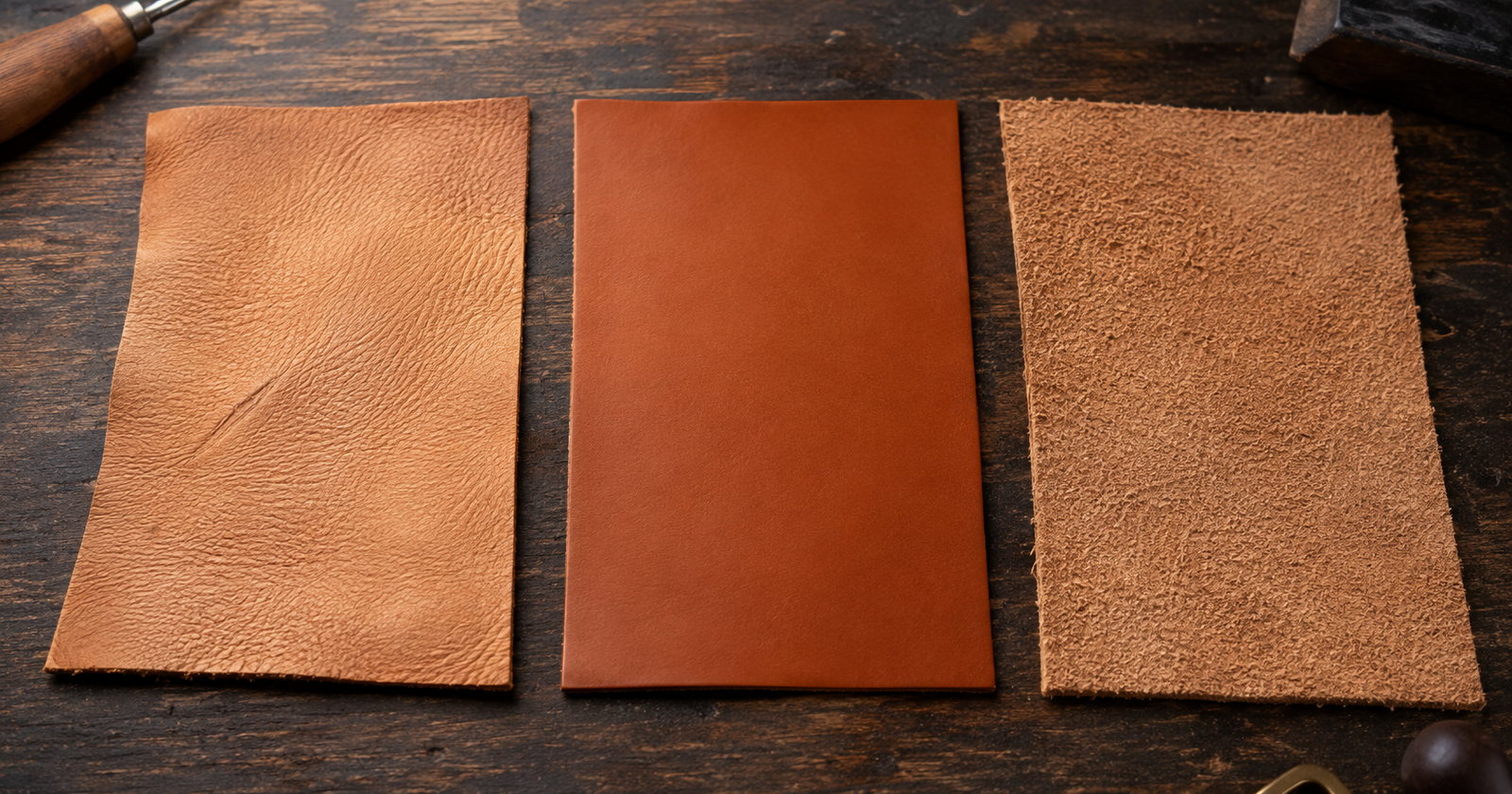 Three leather swatches side by side on a dark workbench showing full grain leather with natural wrinkles on the left, smooth corrected top grain in the center, and fibrous split leather on the right