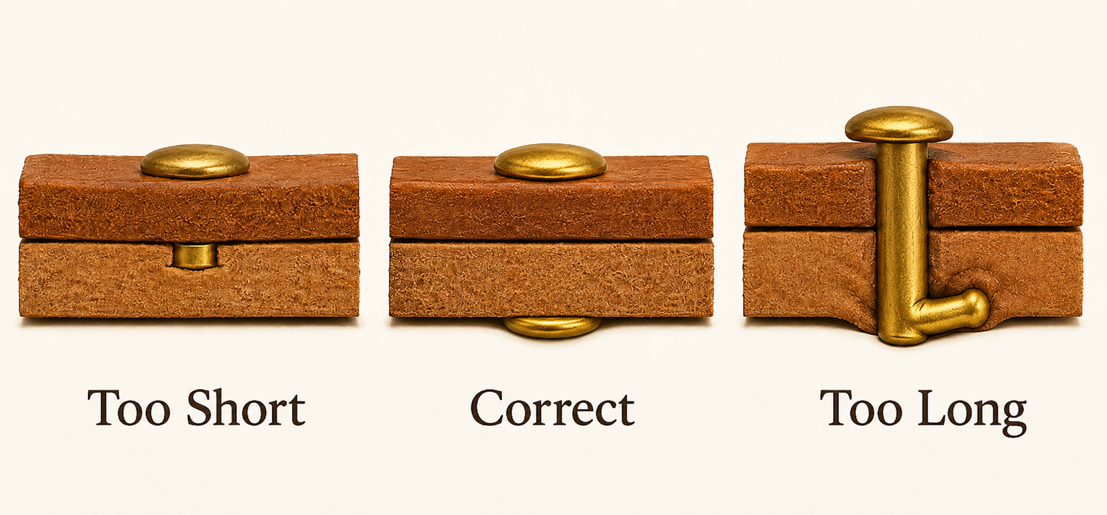 Three side-by-side examples of rivet post length showing a post too short with a shallow insecure set on the left, a correctly sized post with a clean flush set in the center, and a post too long that has bent sideways and crushed the leather on the right, labeled Too Short, Correct, and Too Long