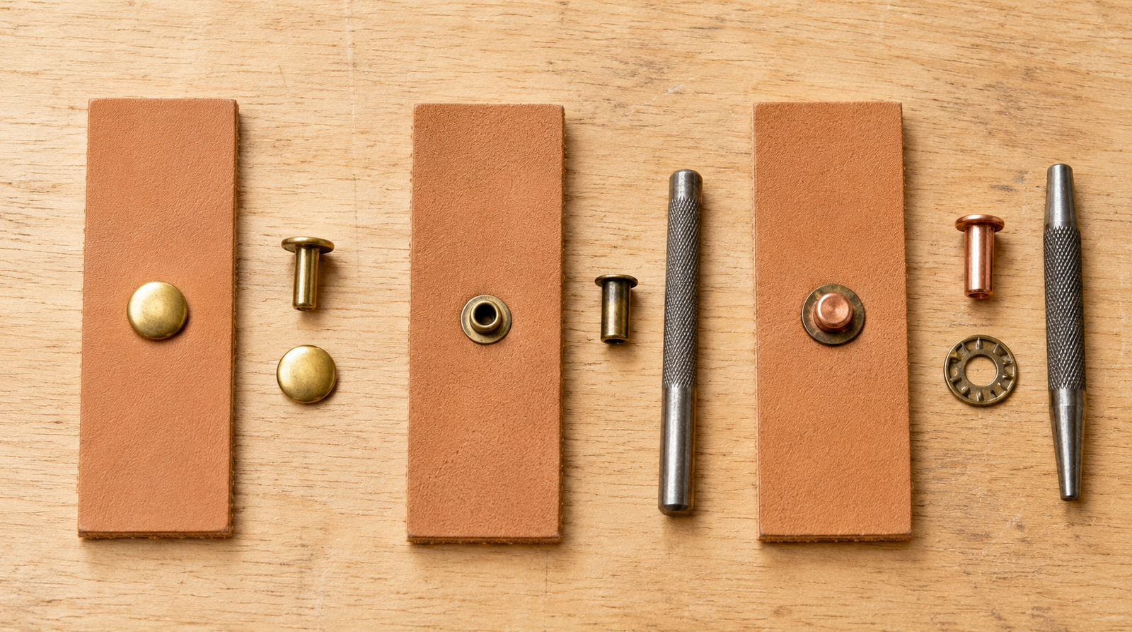 Three leather strips on a wood workbench each showing one installed rivet type with loose components beside them: double-cap rivet on the left, tubular rivet in the center, and copper burr rivet on the right with its burr washer and setter