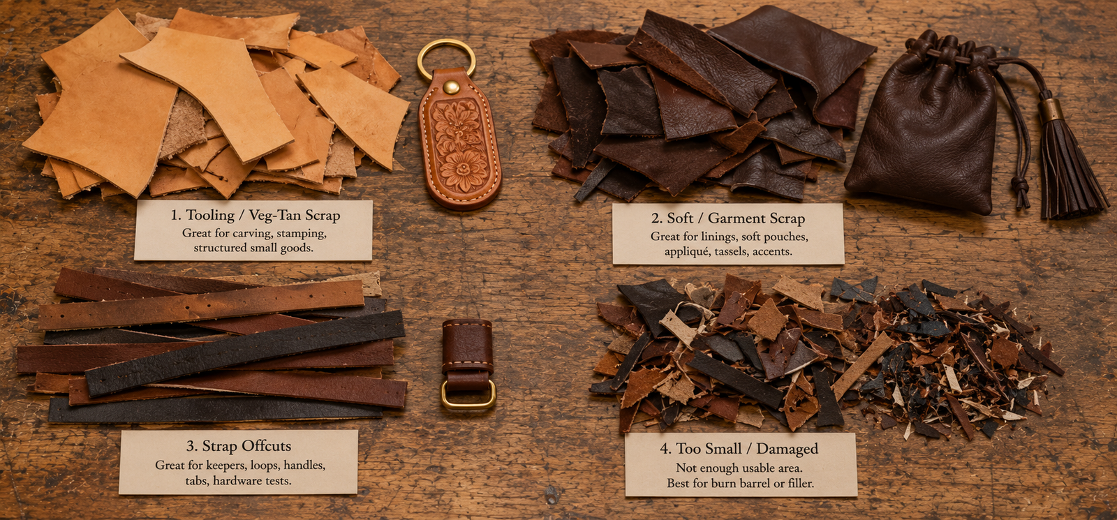Overhead flat-lay of leather scrap sorted into four groups on a dark wood workbench showing natural veg-tan tooling scrap with a finished carved keychain, dark soft garment scrap with a small drawstring pouch, strap offcuts with a finished belt keeper, and a pile of tiny unusable shreds labeled Too Small Damaged