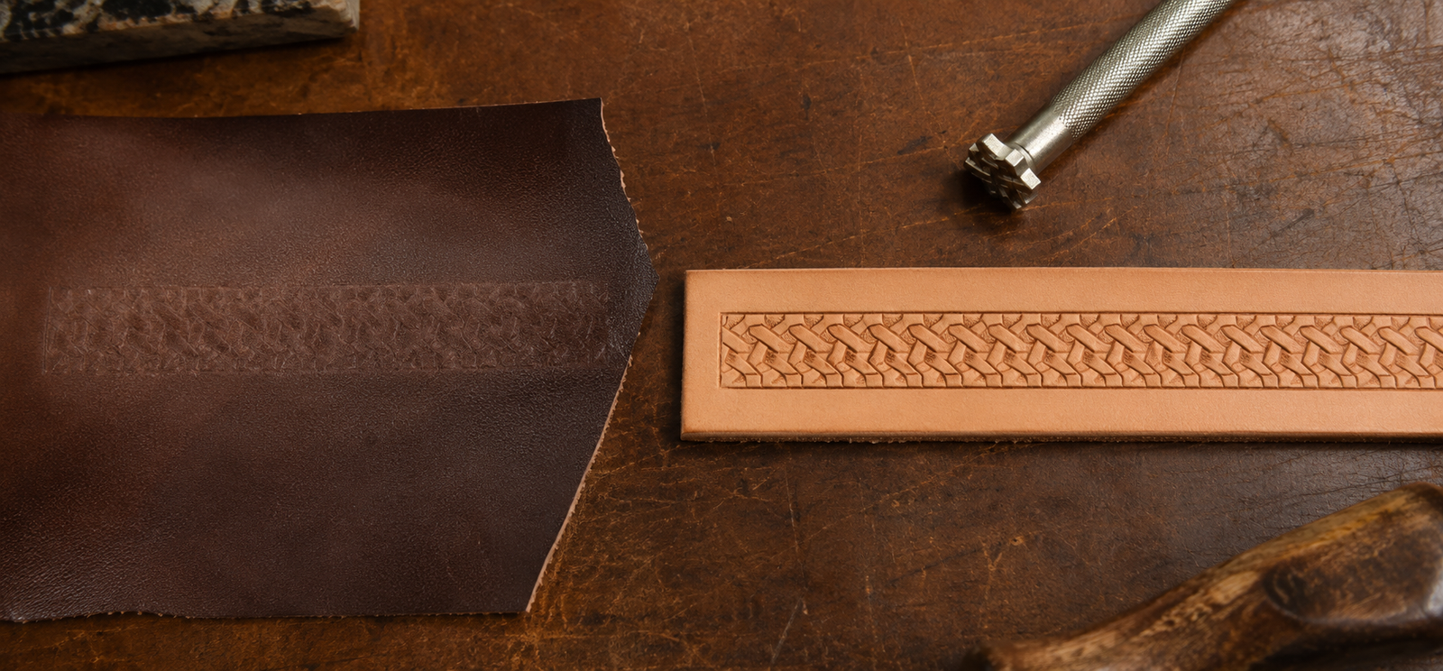 Side-by-side comparison of a leather stamp impression on chrome-tanned leather (faint, not holding ) and vegetable-tanned leather (clean, sharp detail retained)
