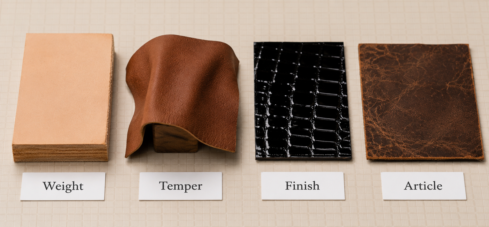 Four leather samples in a row on a neutral background labeled Weight, Temper, Finish, and Article showing a thick stiff pale veg tan, a soft floppy brown leather draped over a block, a glossy black embossed leather, and a dark rustic pull-up leather