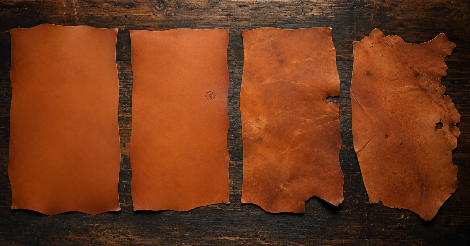 Four leather panels of the same article arranged side by side on a dark wood surface, progressing from a clean, consistent piece on the left to a heavily marked and irregular piece on the right, showing how usable cutting area decreases with grade