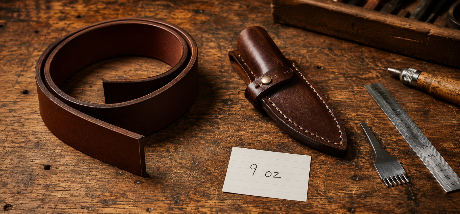 A rolled leather belt blank and a finished knife sheath on a workbench with a handwritten note card reading 9 oz, representing heavy leather in the 8 to 10 ounce range