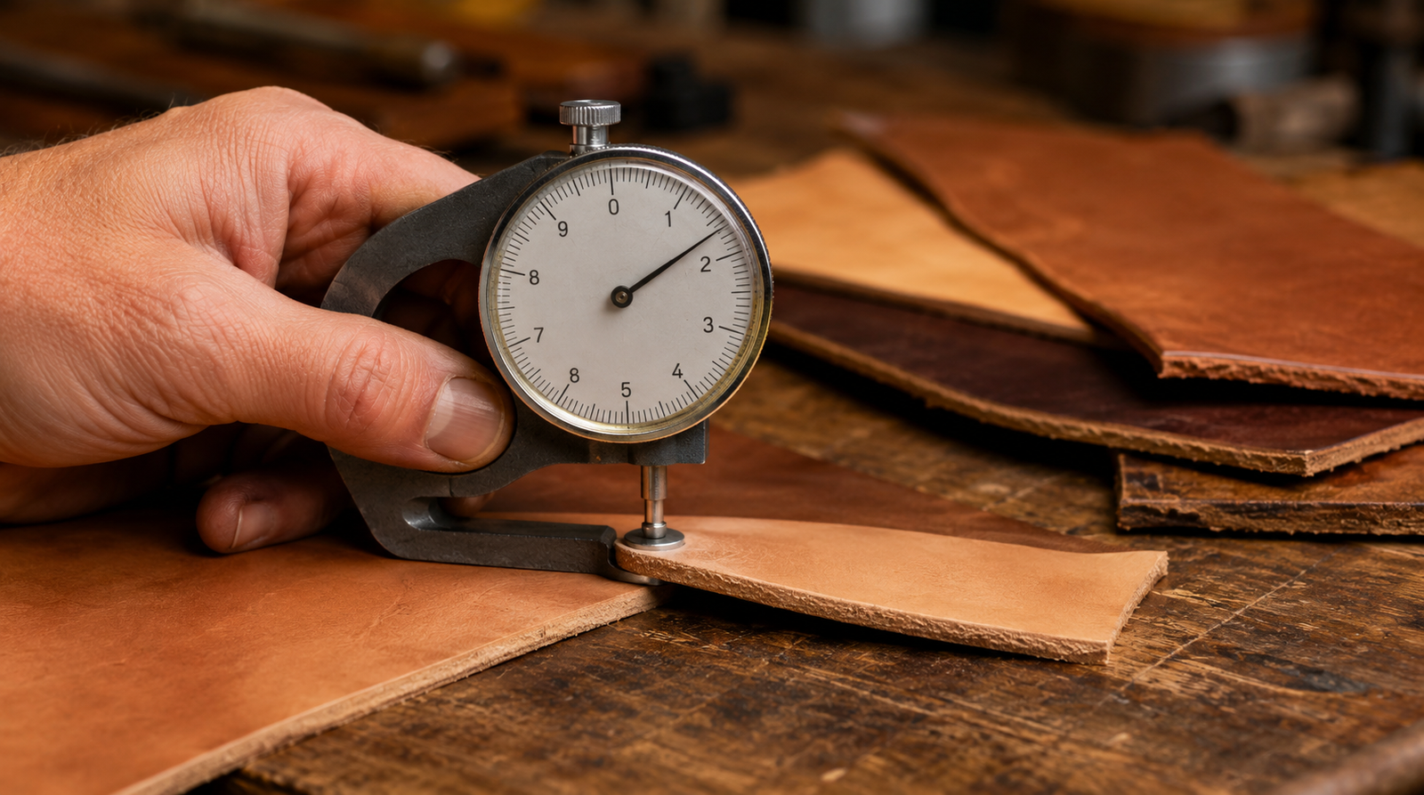 Leatherworker's hand holding a dial thickness gauge pressed against a piece of natural vegetable-tanned leather with multiple hides of different thicknesses in the background