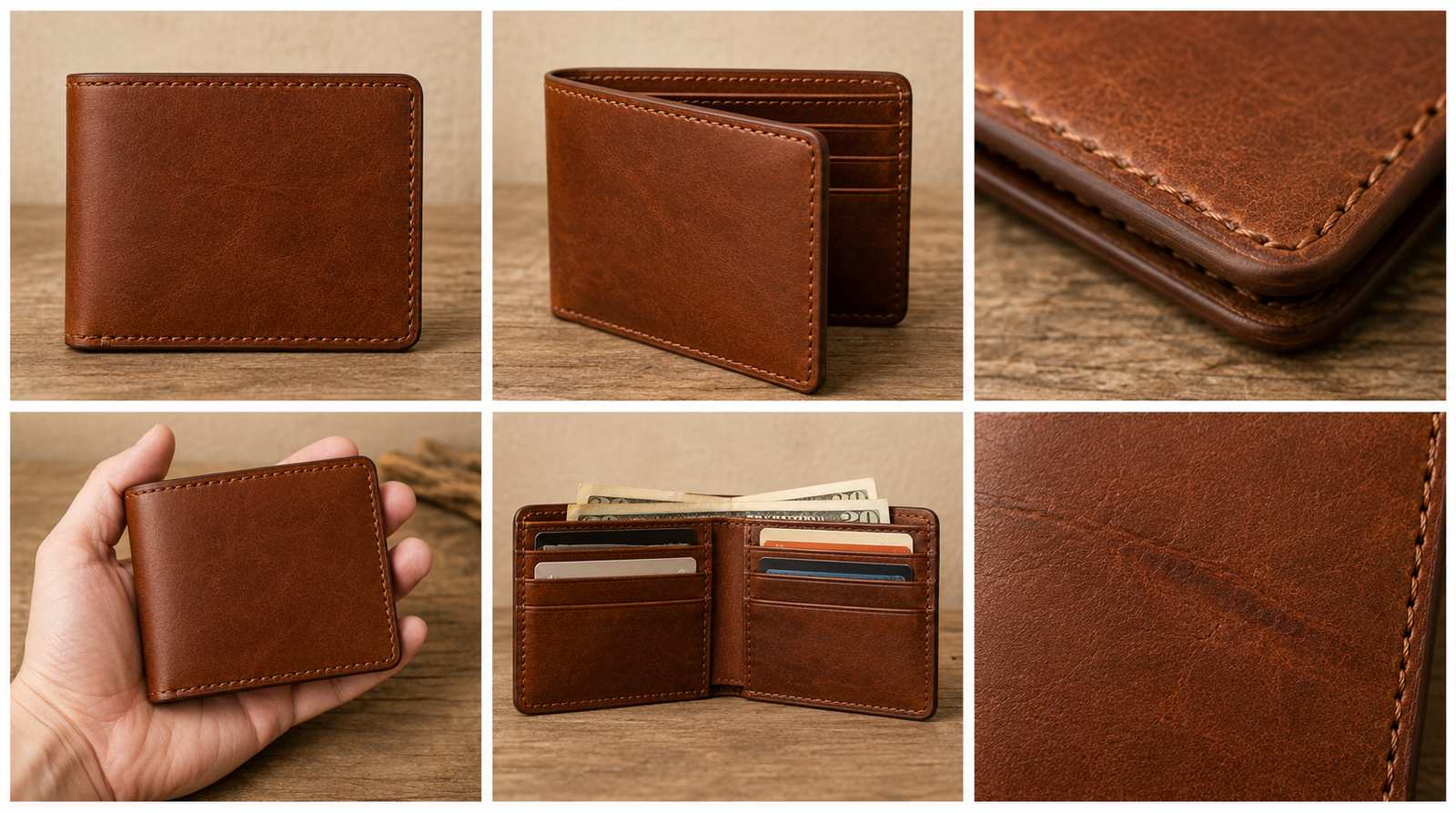 Six-panel grid showing the same tan leather bifold wallet photographed from the front, at an angle showing the back and interior, in a macro close-up of the burnished edge and stitching, held in a hand for scale, open and loaded with credit cards and cash, and in a close-up of the natural grain and leather texture