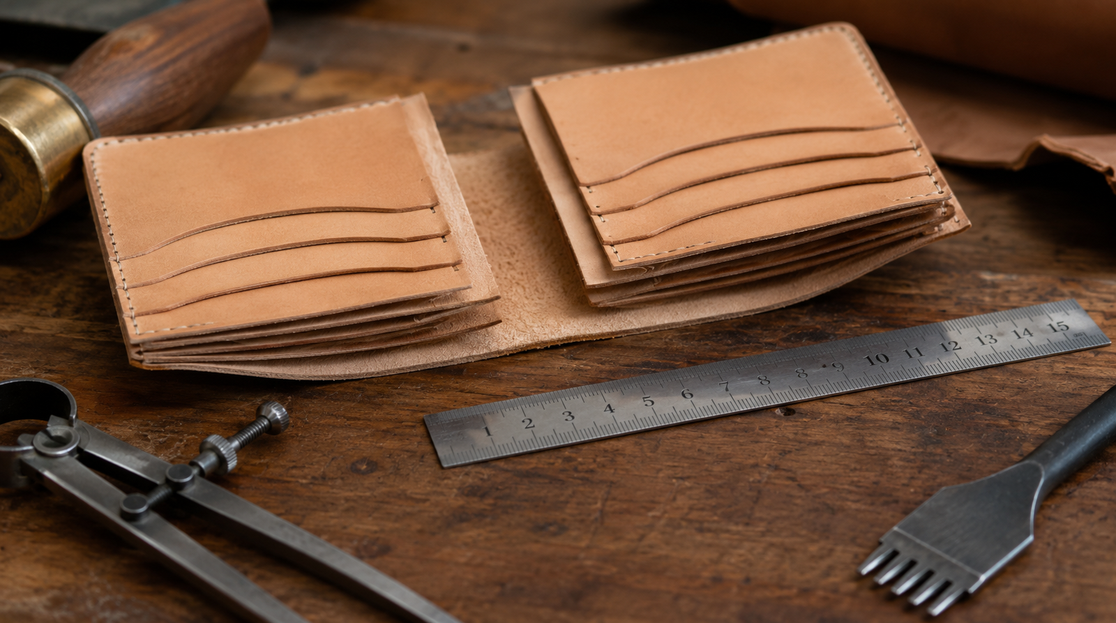 Open leather bifold wallet on a workbench showing multiple thin card slot layers, a steel ruler, wing divider, and stitching pricking iron demonstrating how layers add up in wallet construction