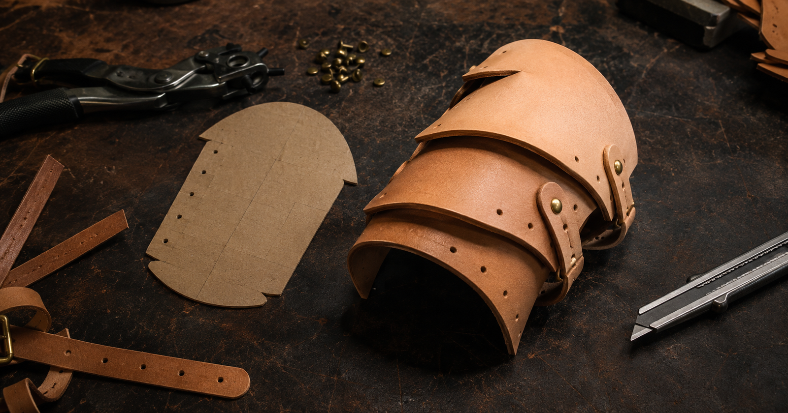 Partially assembled leather pauldron on a dark workshop bench showing a making leather armor project in progress beside its cardboard pattern piece, surrounded by a hole punch, brass rivets, and leather straps
