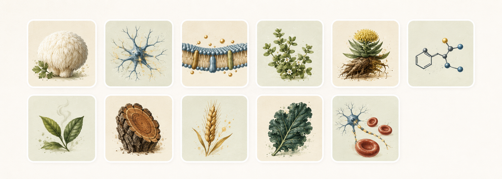 Illustrated icon grid showing all 11 Mind Lab Pro ingredients including Lion's Mane, Citicoline, Phosphatidylserine, Bacopa, Rhodiola, L-Tyrosine, L-Theanine, Pine Bark, B6, B9, and B12