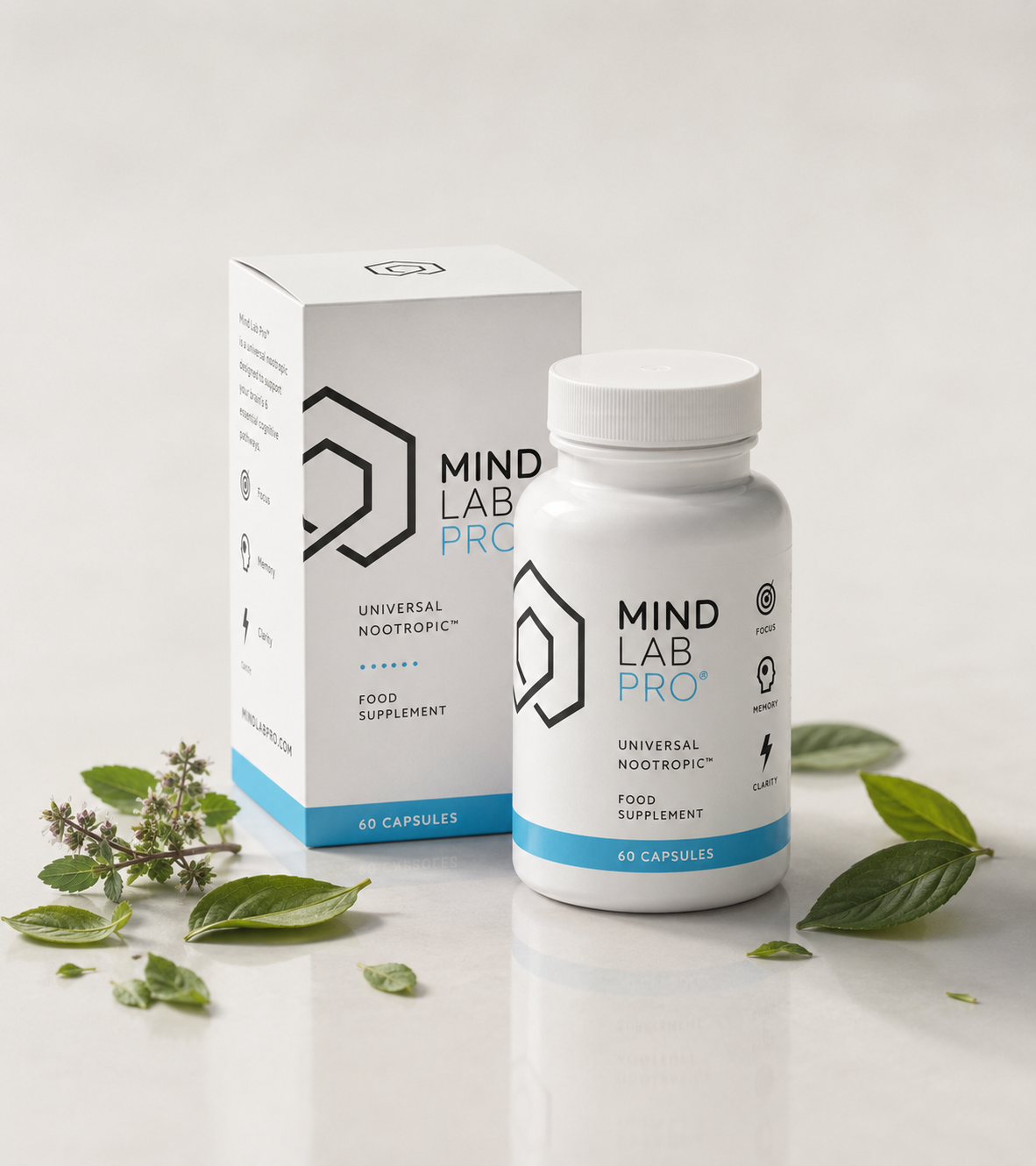 Mind Lab Pro v4 bottle and box with fresh herbs on a clean white surface