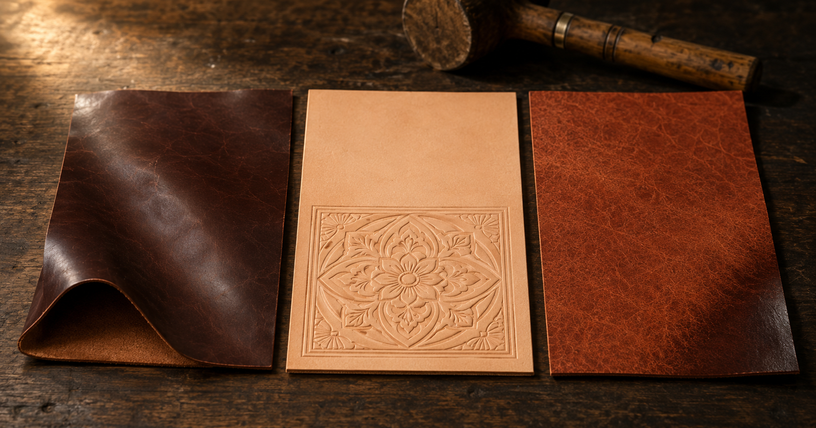 Three named tanneries compared side by side on a dark wood workshop table showing waxy dark brown pull-up leather on the left, pale natural vegetable-tanned leather with a floral tooled impression in the center, and rust-colored matte Pueblo leather with a developing patina on the right