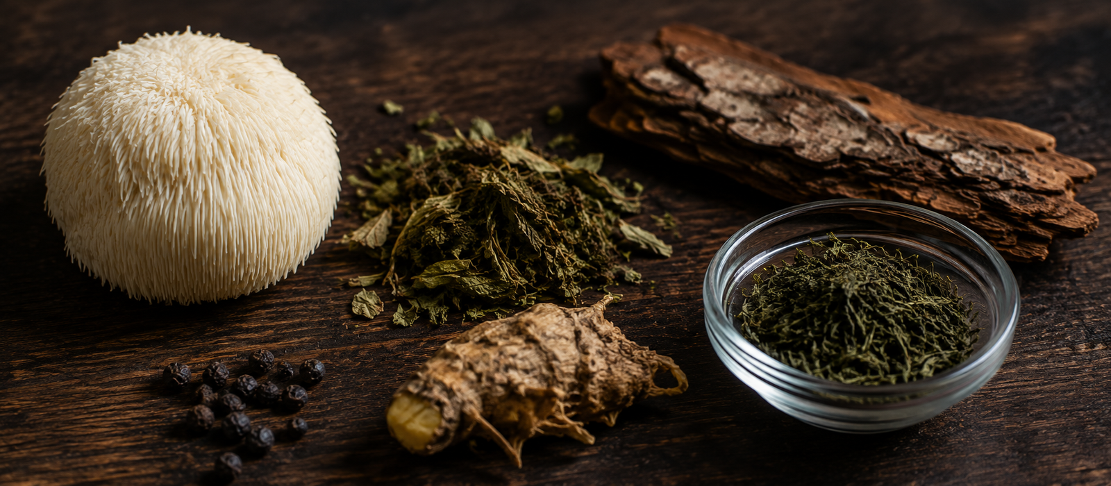 Lion's Mane mushroom, Bacopa leaves, Rhodiola root, pine bark, and green tea arranged on dark wood