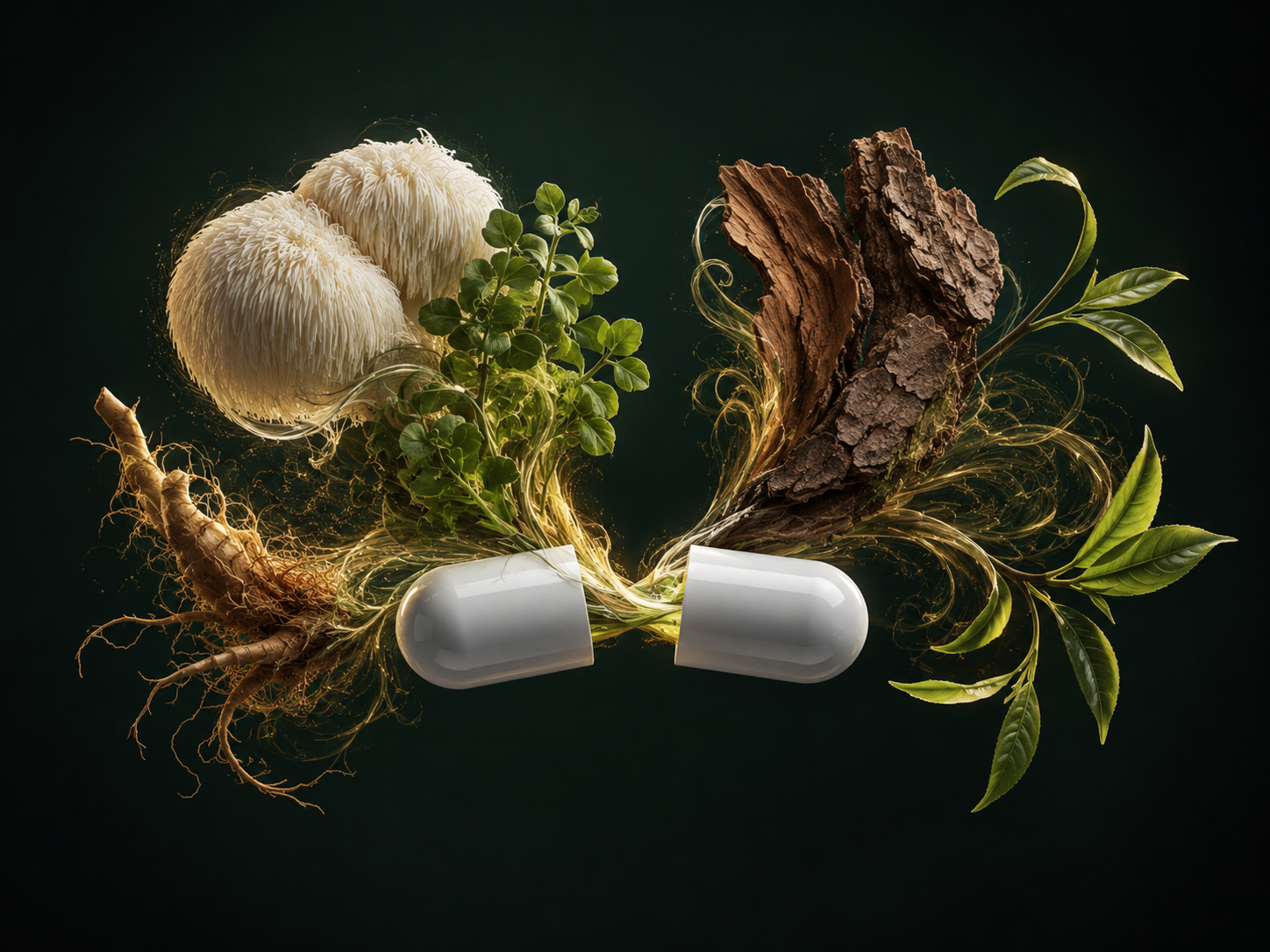 A white supplement capsule split open with Lion's Mane mushroom, Bacopa, Rhodiola root, pine bark, and green tea leaves flowing from it