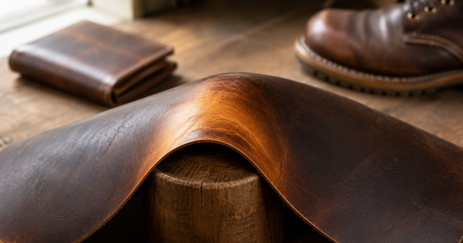 Dark brown pull-up leather folded over a rounded wooden form, turning warm amber at the bend, with a finished wallet and boot visible in the background