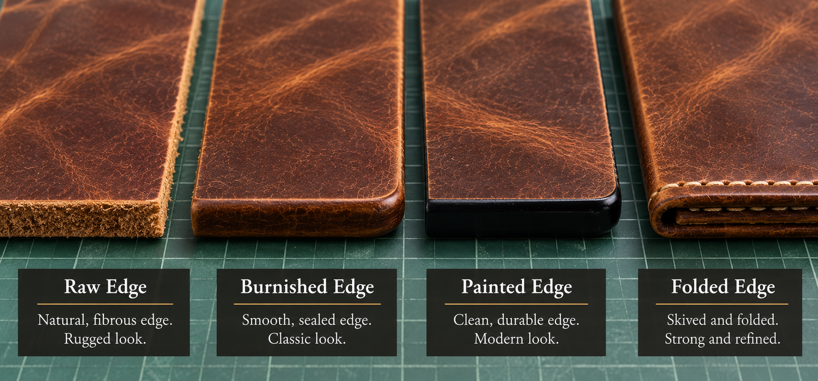 Four pieces of the same pull-up leather showing raw, burnished, painted, and folded edge finishes