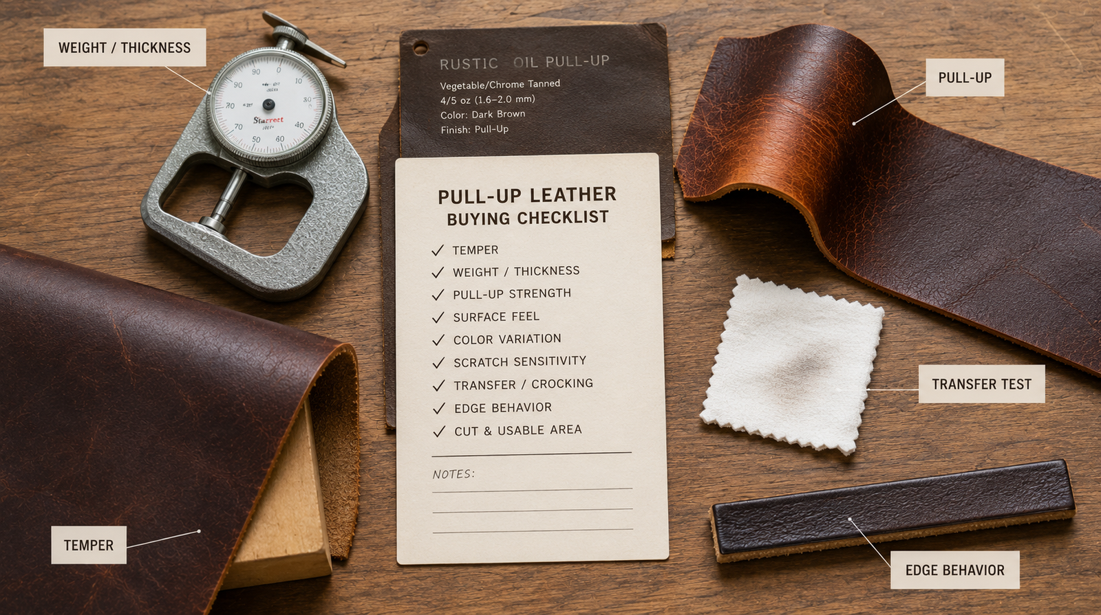 Supplier sample card surrounded by thickness gauge, bent color sample, transfer test cloth, edge sample, and drape test
