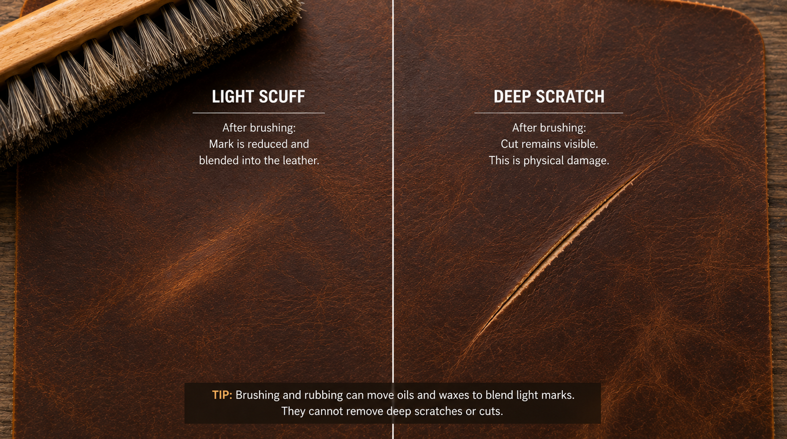 Left side shows a shallow scuff reduced by brushing; right side shows a deep cut that remains visible