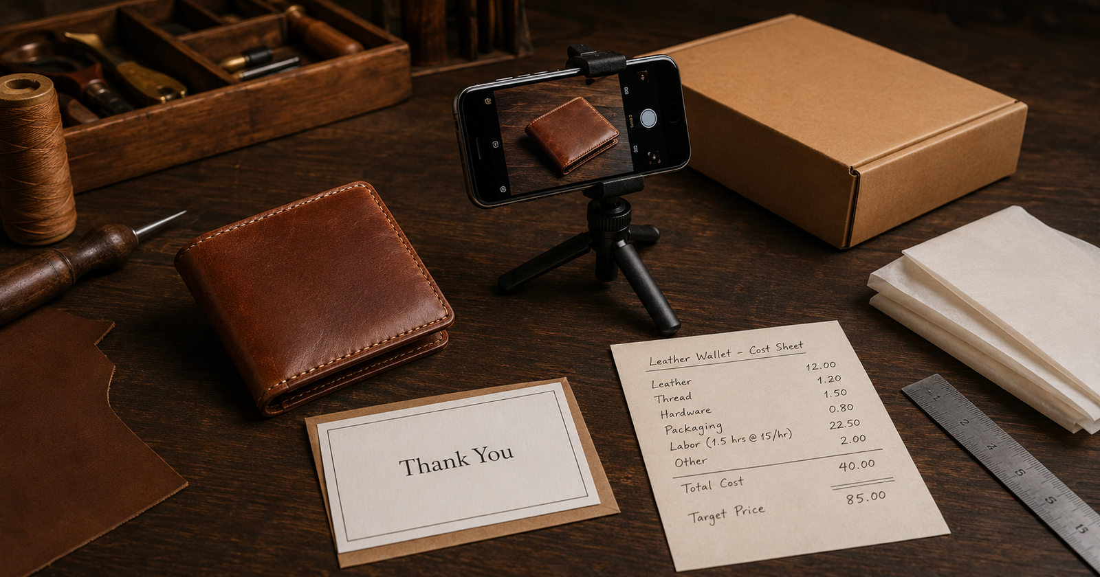 A finished brown leather bifold wallet on a dark wood workbench beside a smartphone on a tripod, a kraft shipping box, tissue paper, a Thank You card, a handwritten cost sheet, and a metal ruler showing the transition from making to selling leather goods online