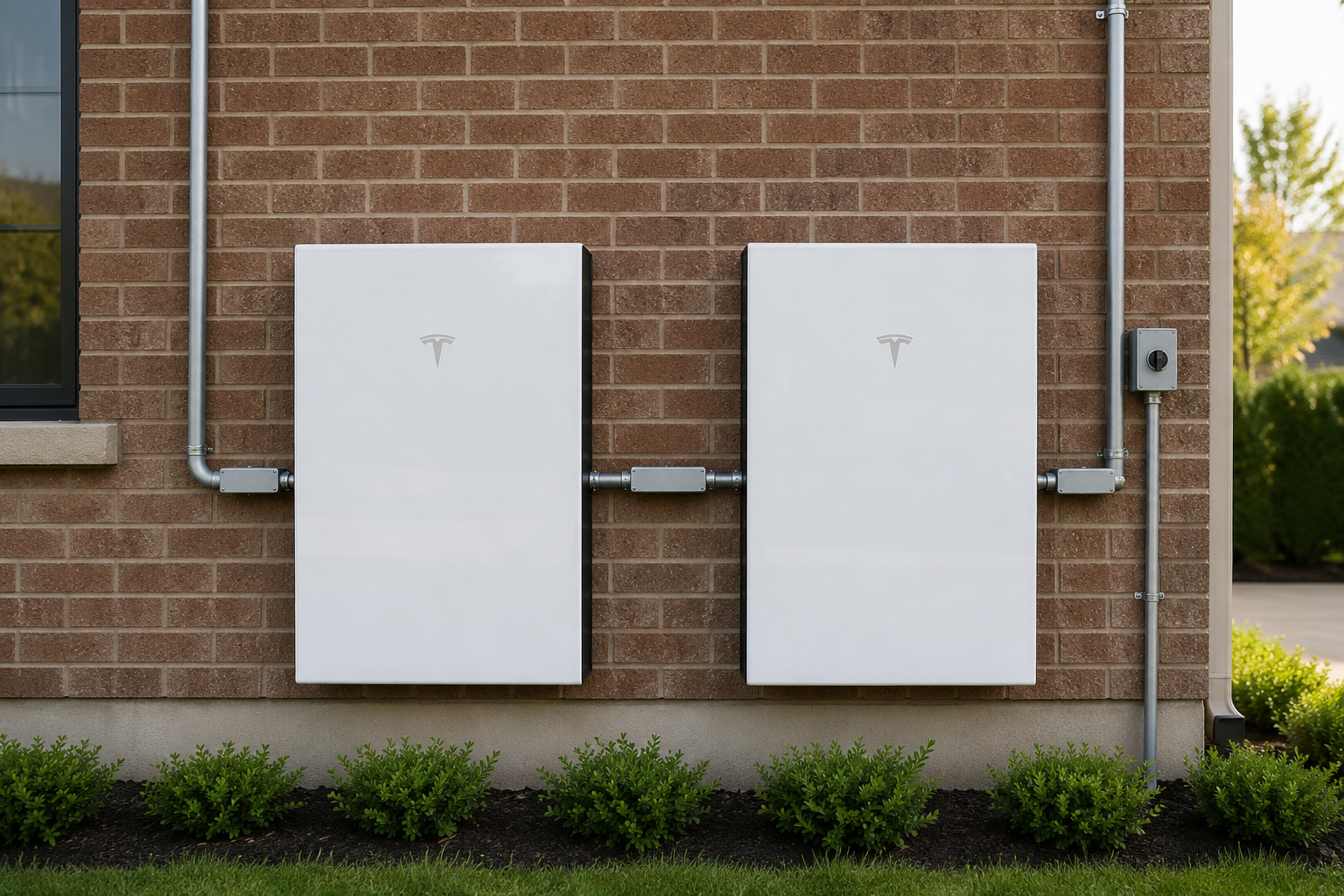 Clean electrical conduit running between two Tesla Powerwall units mounted on a brick house
