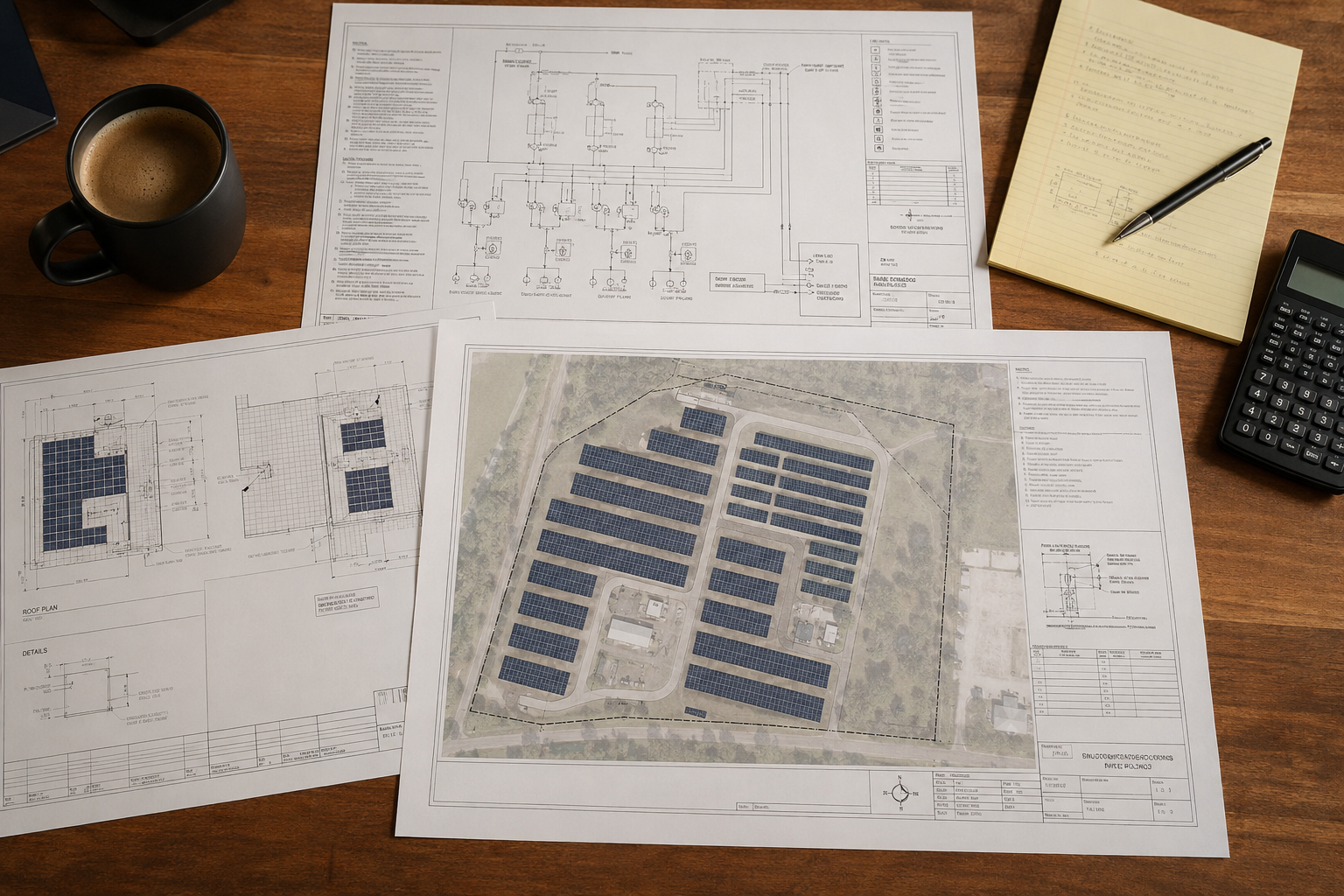 Printed solar engineering plans and site layout spread across a desk