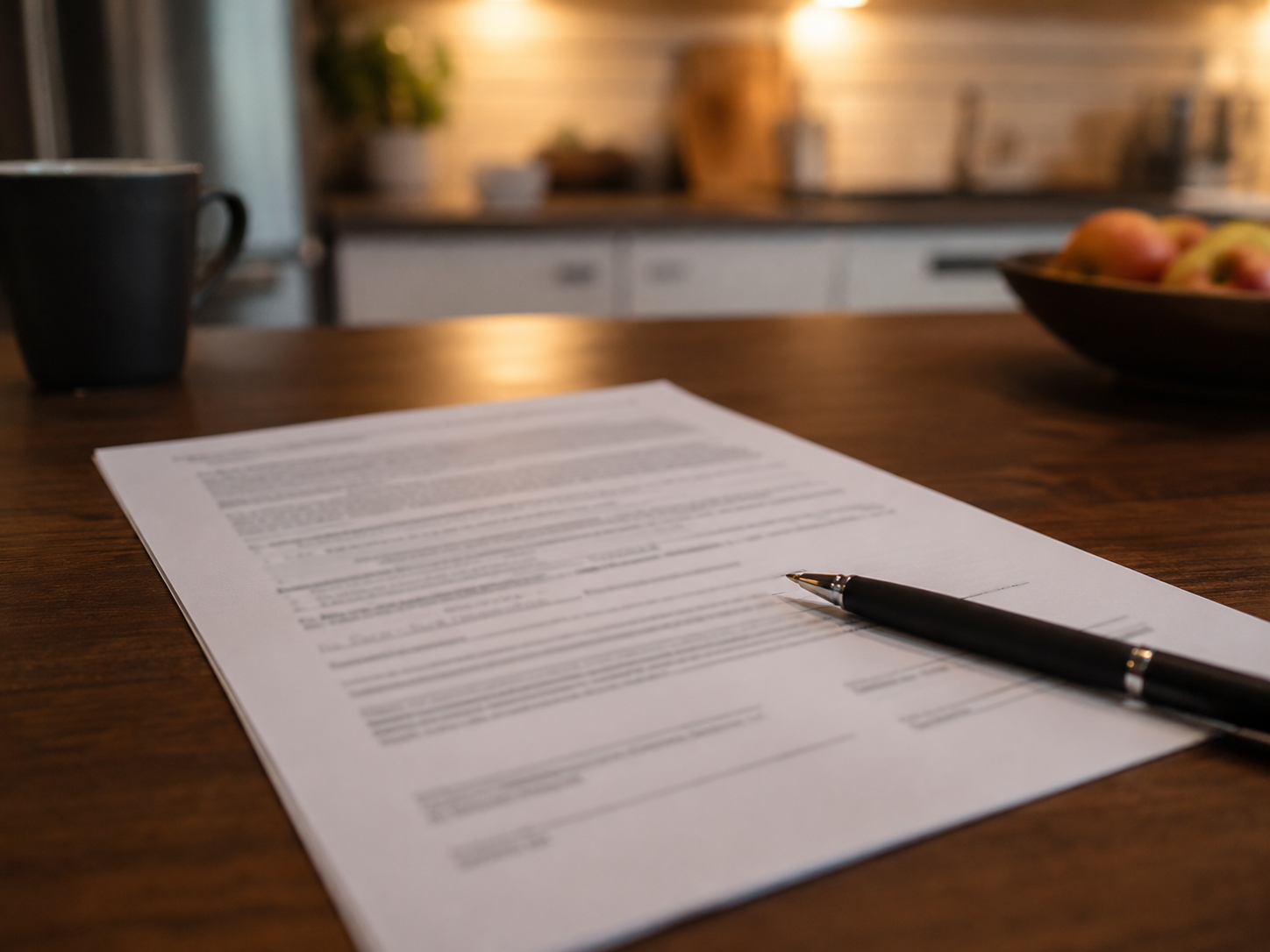 Solar financing contract on a kitchen table with a pen resting on the paperwork
