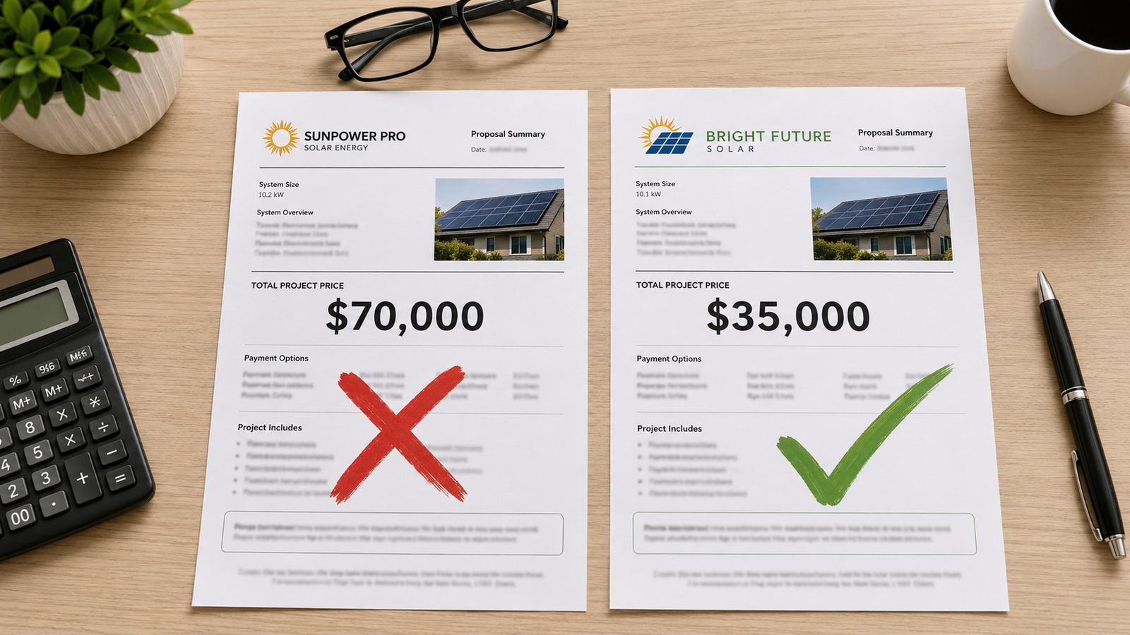 Two initial solar proposals showing prices of approximately $70,000 and $35,000