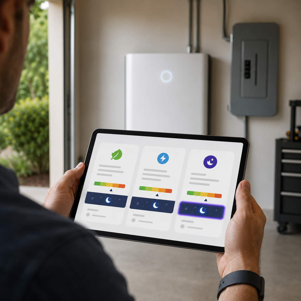 Texas solar shopping guide comparison of electricity plans on a tablet in a home with battery storage