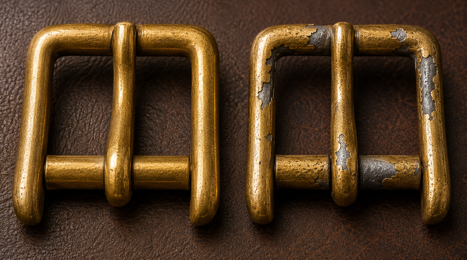 Macro close-up of two belt buckles side by side on dark leather showing solid brass with consistent warm patina on the left and brass-plated hardware with coating cracking and gray base metal exposed on the right