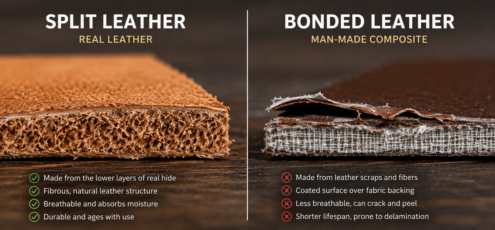 Side by side comparison infographic showing split leather cross-section with fibrous natural structure on the left versus bonded leather cross-section with coated surface separating from fabric backing on the right