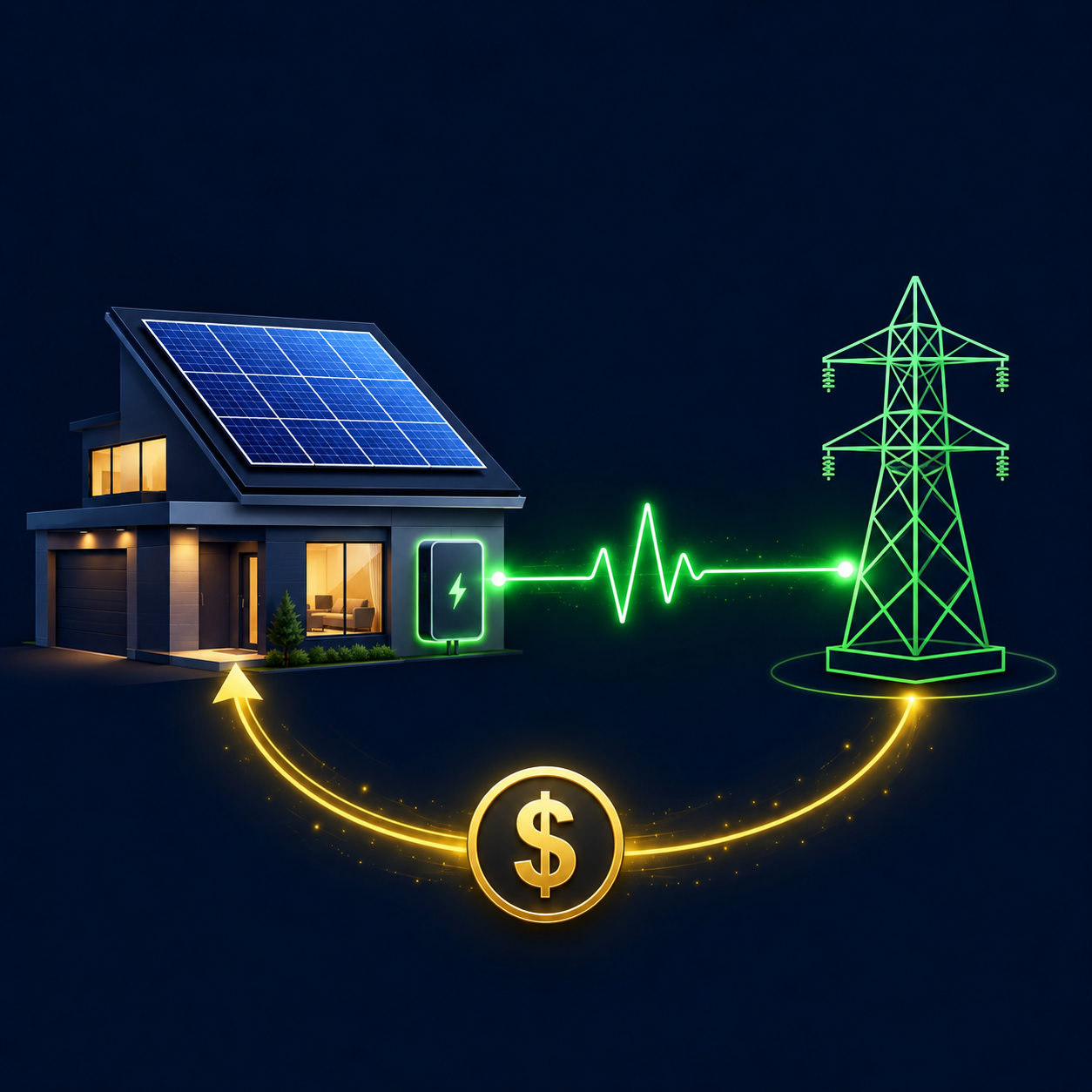 Texas solar buyback plans power flow diagram showing exported electricity and solar self-consumption