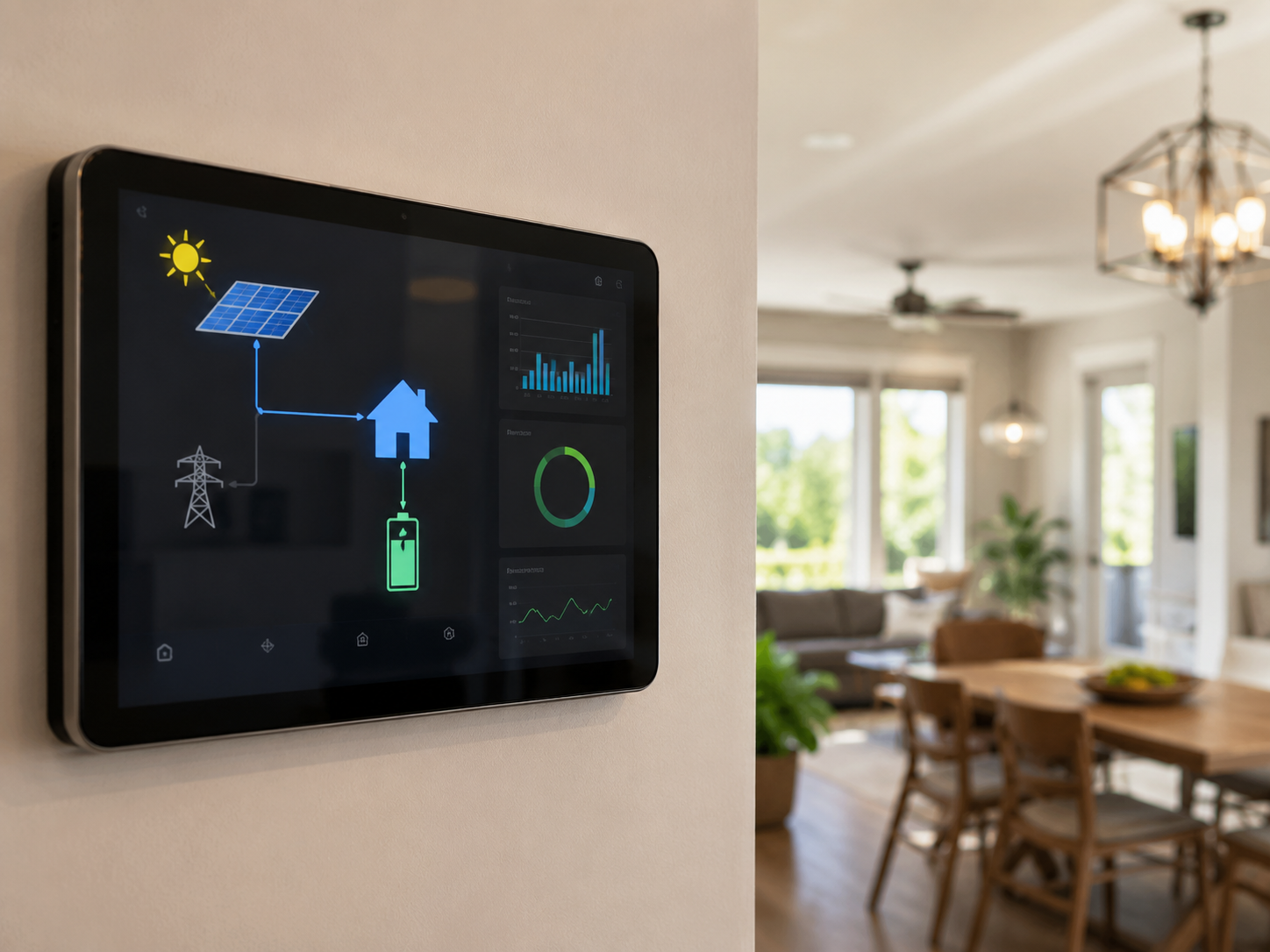 Home energy monitor displaying a solar panel and battery system