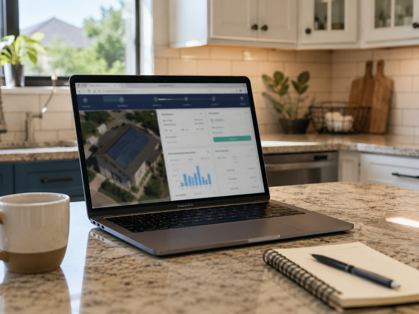 Laptop displaying a Texas home solar calculator with an aerial view of a house