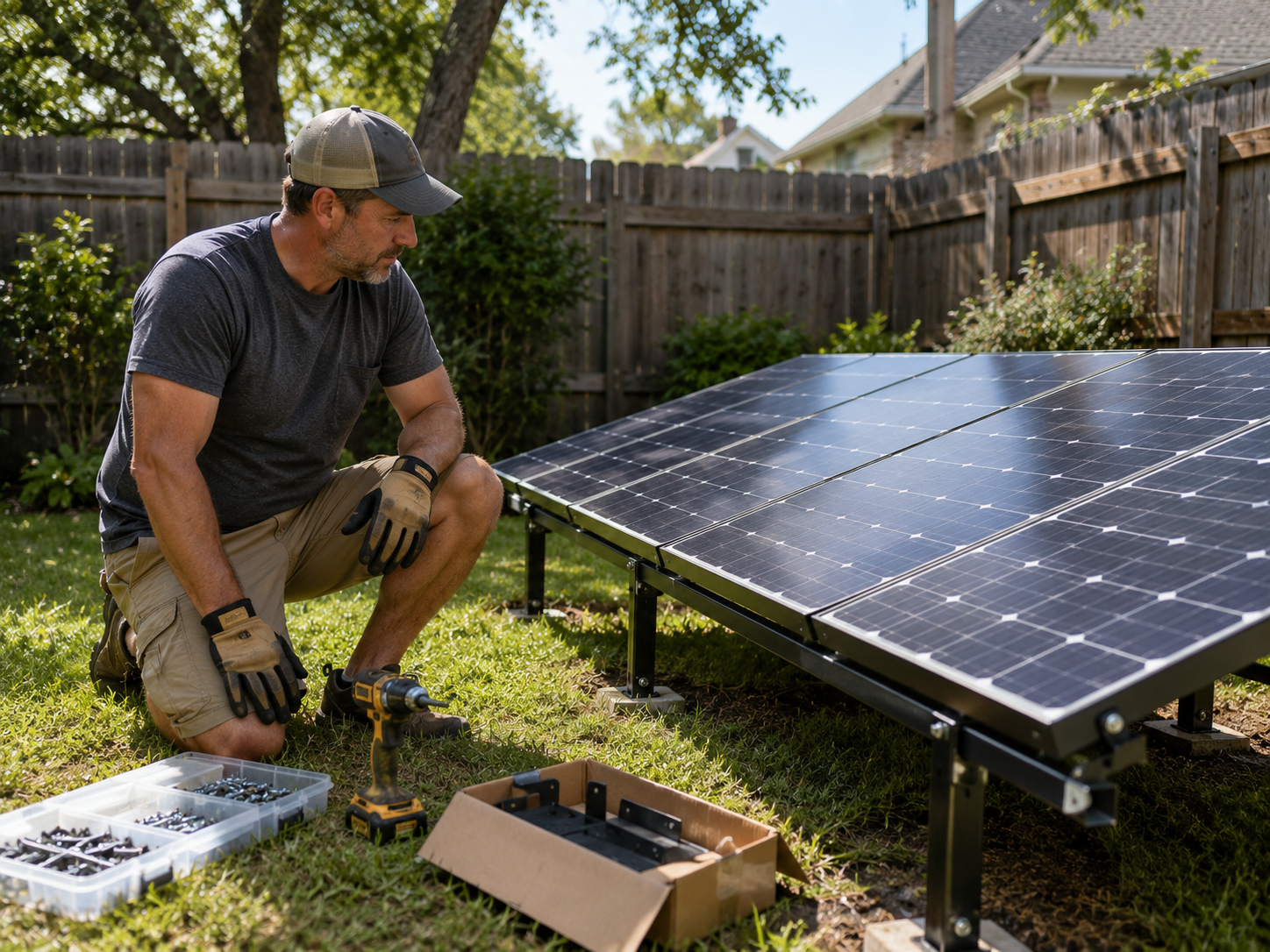 Homeowner wearing work gloves while assembling a ground-mounted solar array in a Texas backyard