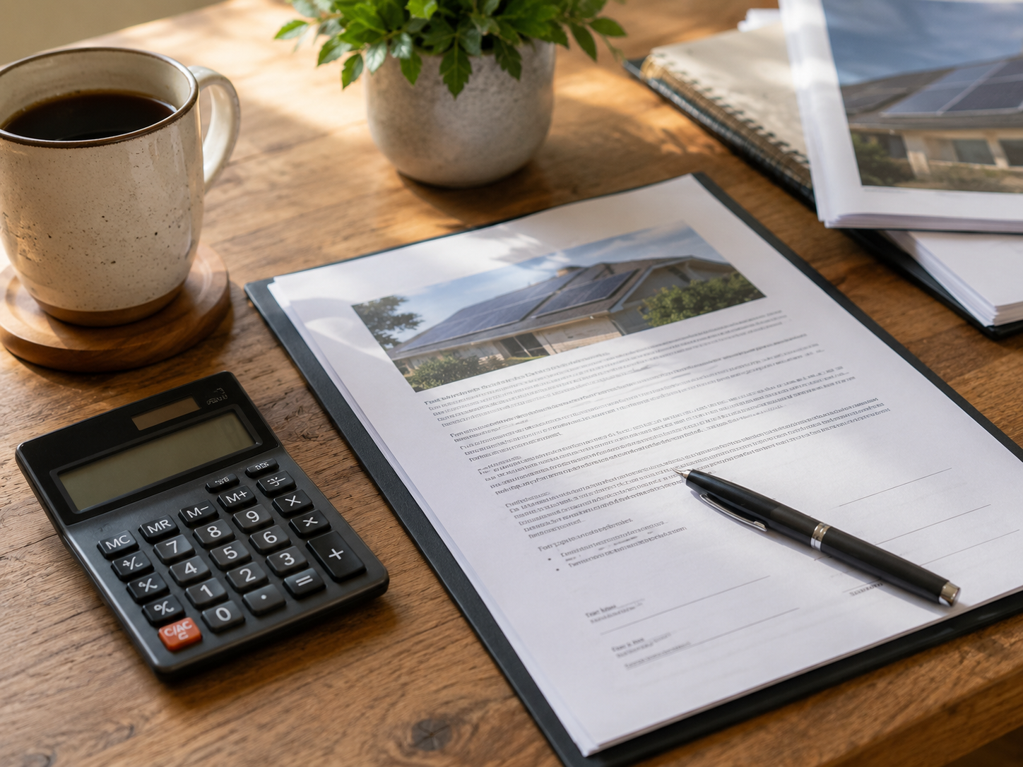 Solar installation contract on a clipboard beside a calculator and pen