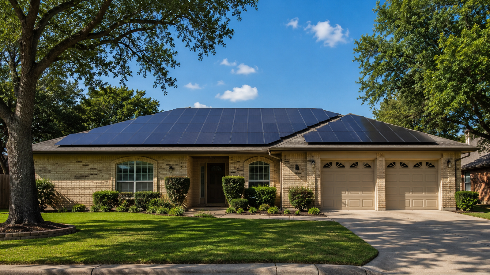 Texas home solar installation — rooftop solar panels on a brick suburban home