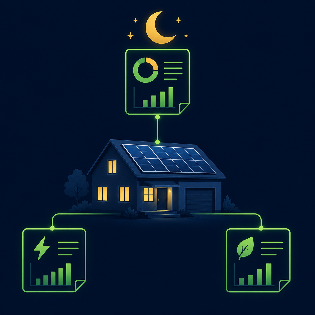 Infographic of a Texas solar home at night comparing three electricity plan documents with a moon symbol for free-nights rates