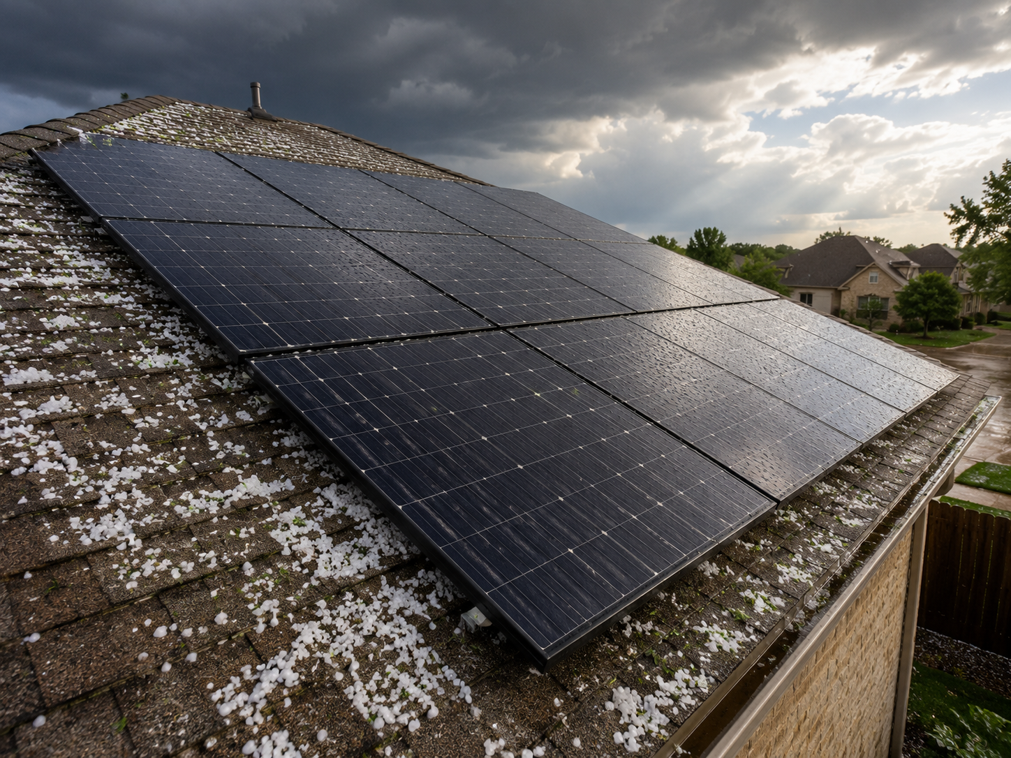 Texas roof with solar panels covered in hail after a severe storm