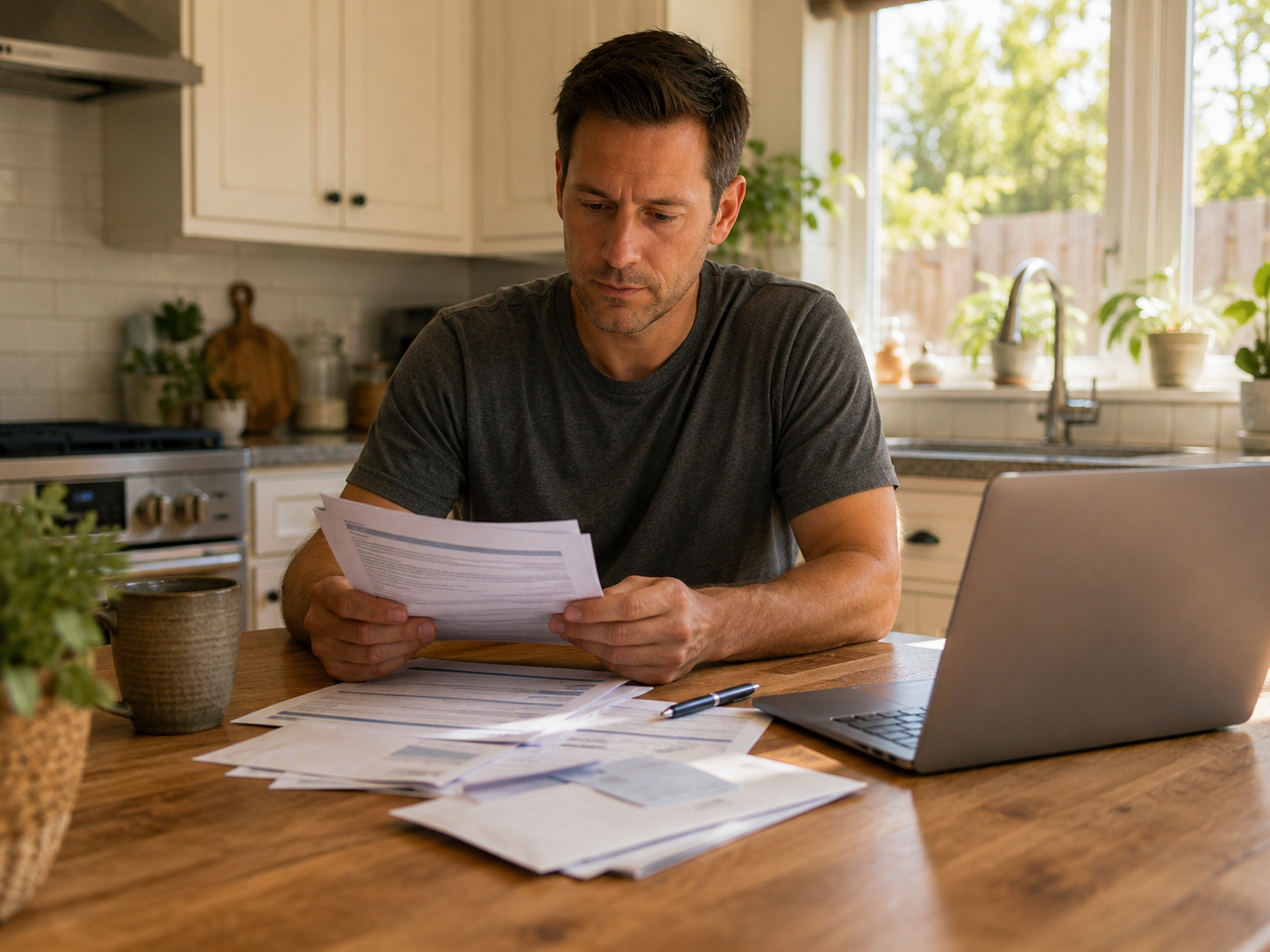 Texas homeowner reviewing electric bills and solar documents at a kitchen table