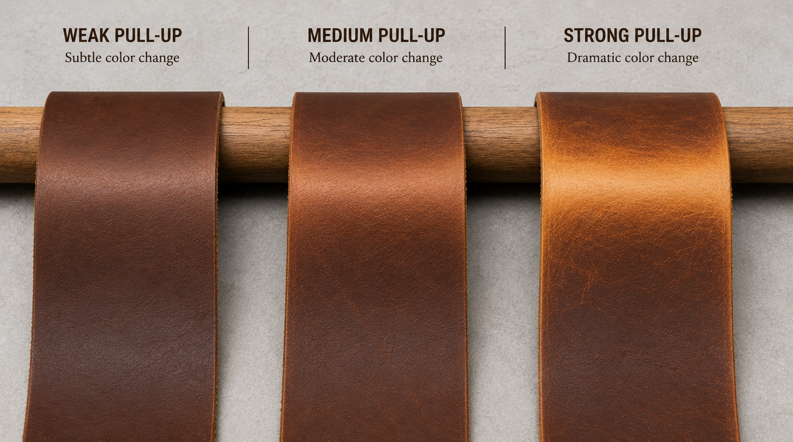 Three leather strips bent at the same angle showing weak, medium, and dramatic pull-up color change