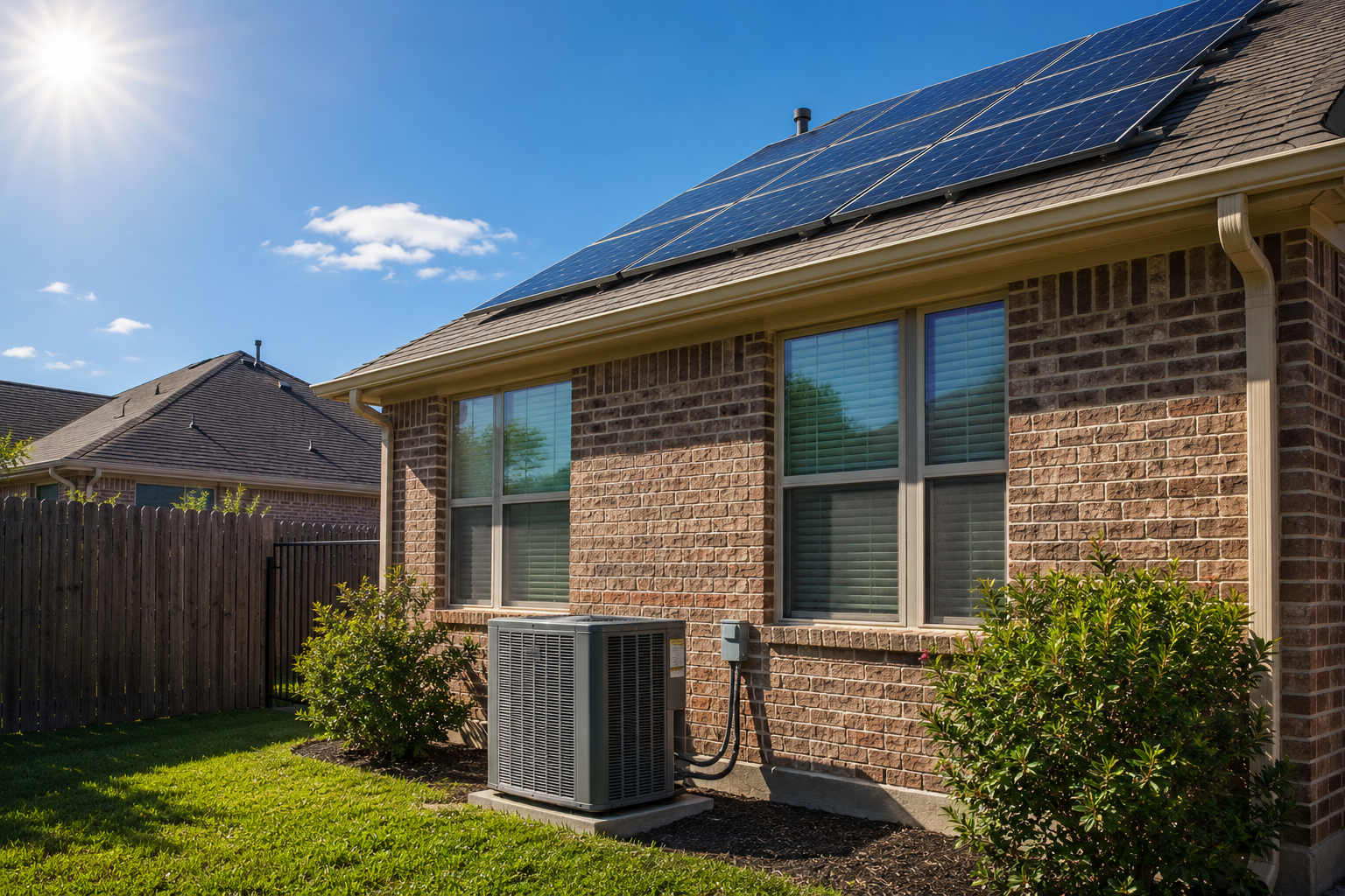 Texas brick home on a sunny day with a central air-conditioning condenser running and solar panels visible on the roof