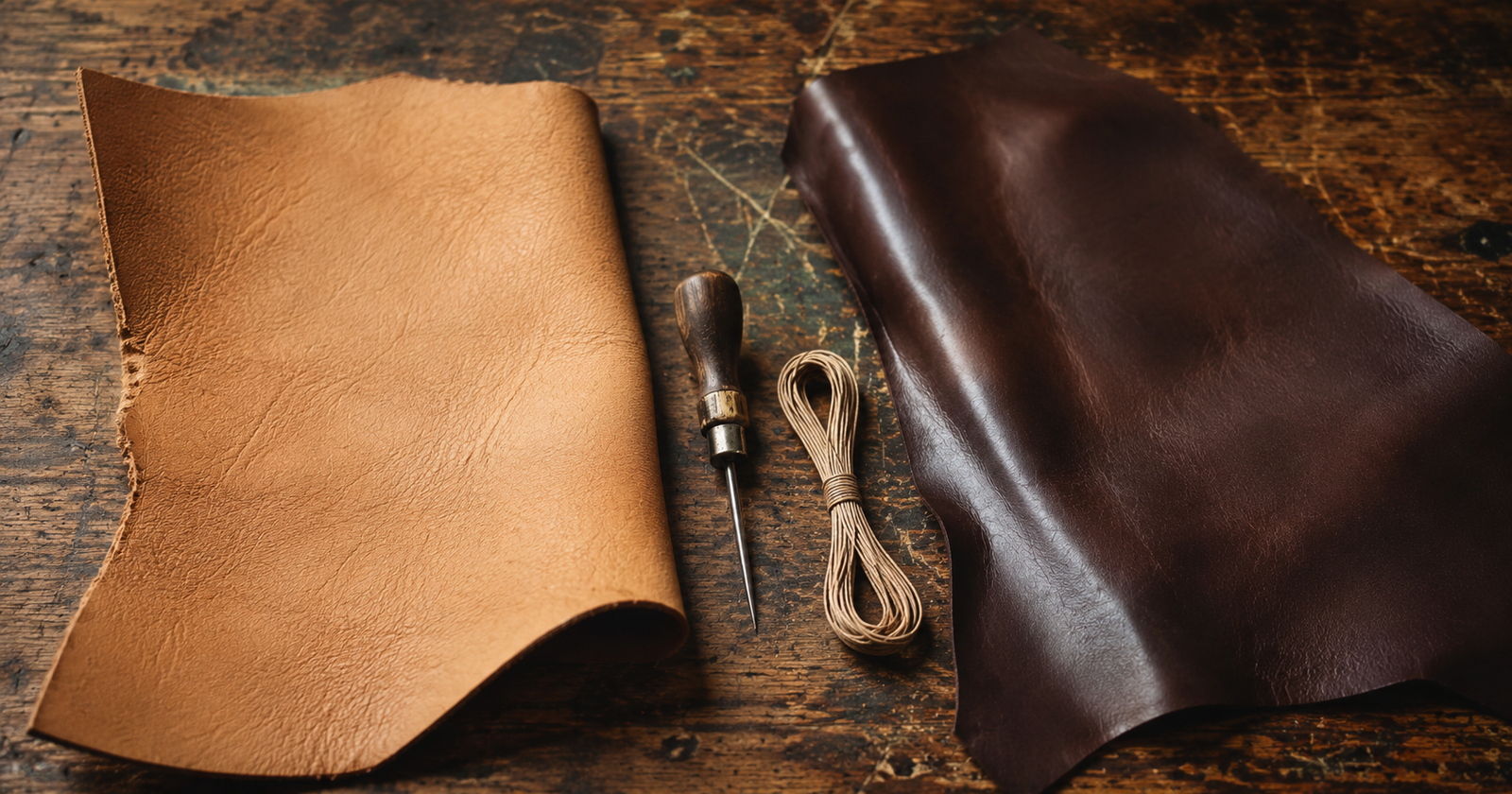 Veg tan vs chrome tan leather side by side on a workbench with a leather awl and linen thread