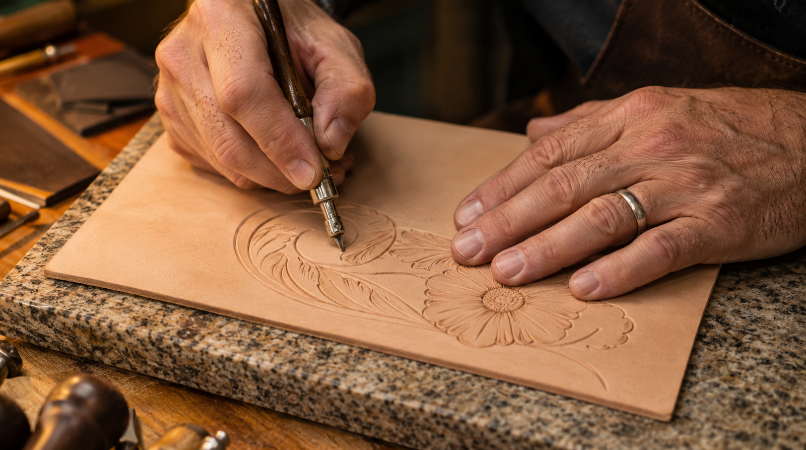 Leatherworker's hands using a swivel knife to carve a floral pattern into natural vegetable-tanned leather on a granite tooling slab