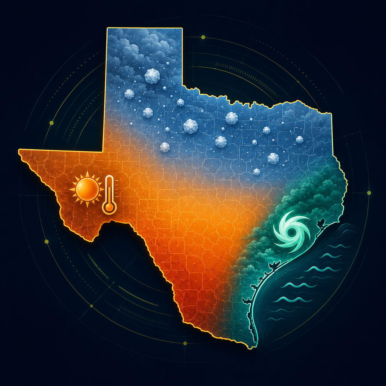 Texas solar weather risk map showing hail wind hurricane flooding and extreme heat regions
