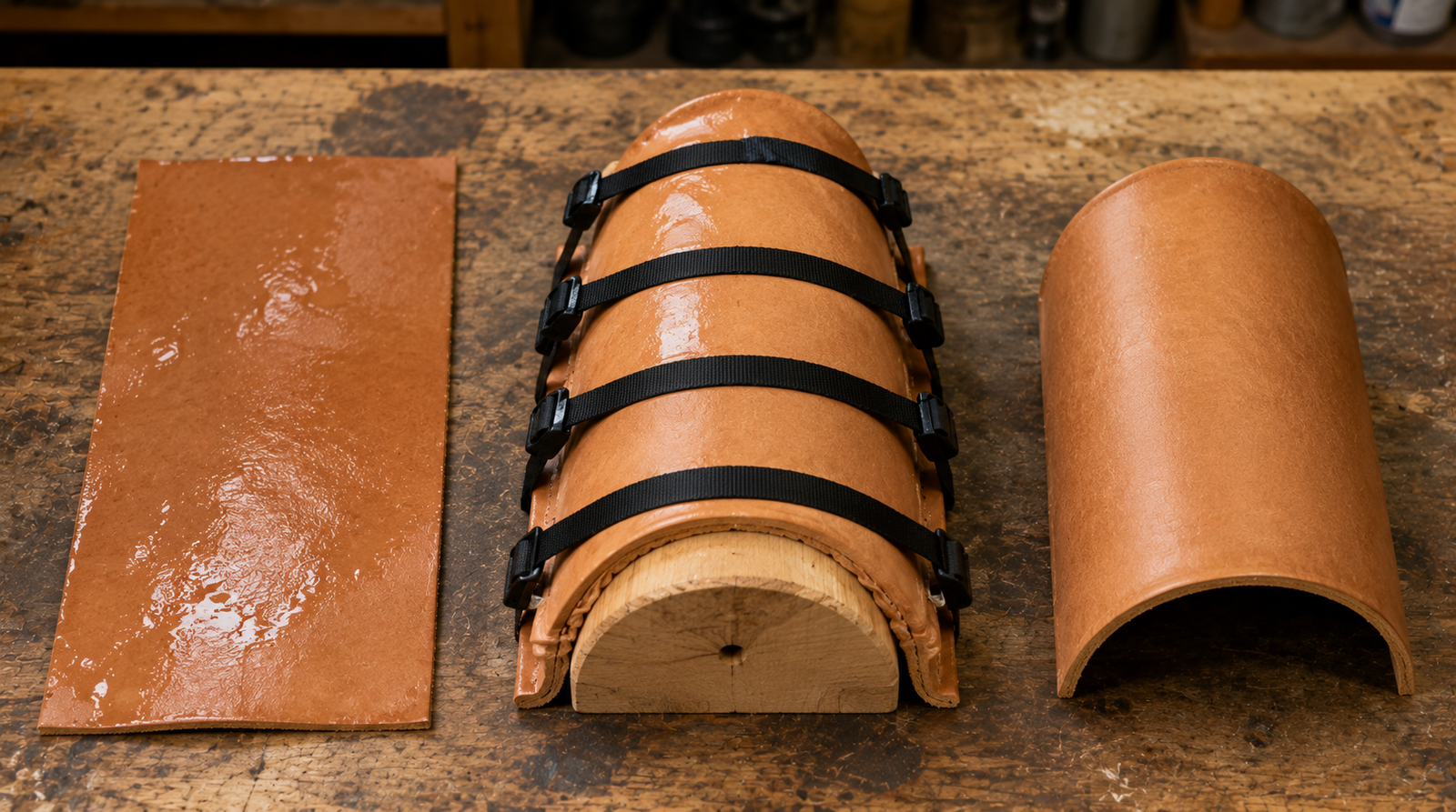 Three stages of wet forming leather armor on a wooden workbench showing a flat damp piece of natural vegetable-tanned leather on the left, the same leather strapped tightly over a rounded wooden half-cylinder mold with black nylon straps in the center, and the finished dried curved armor piece standing free on the right